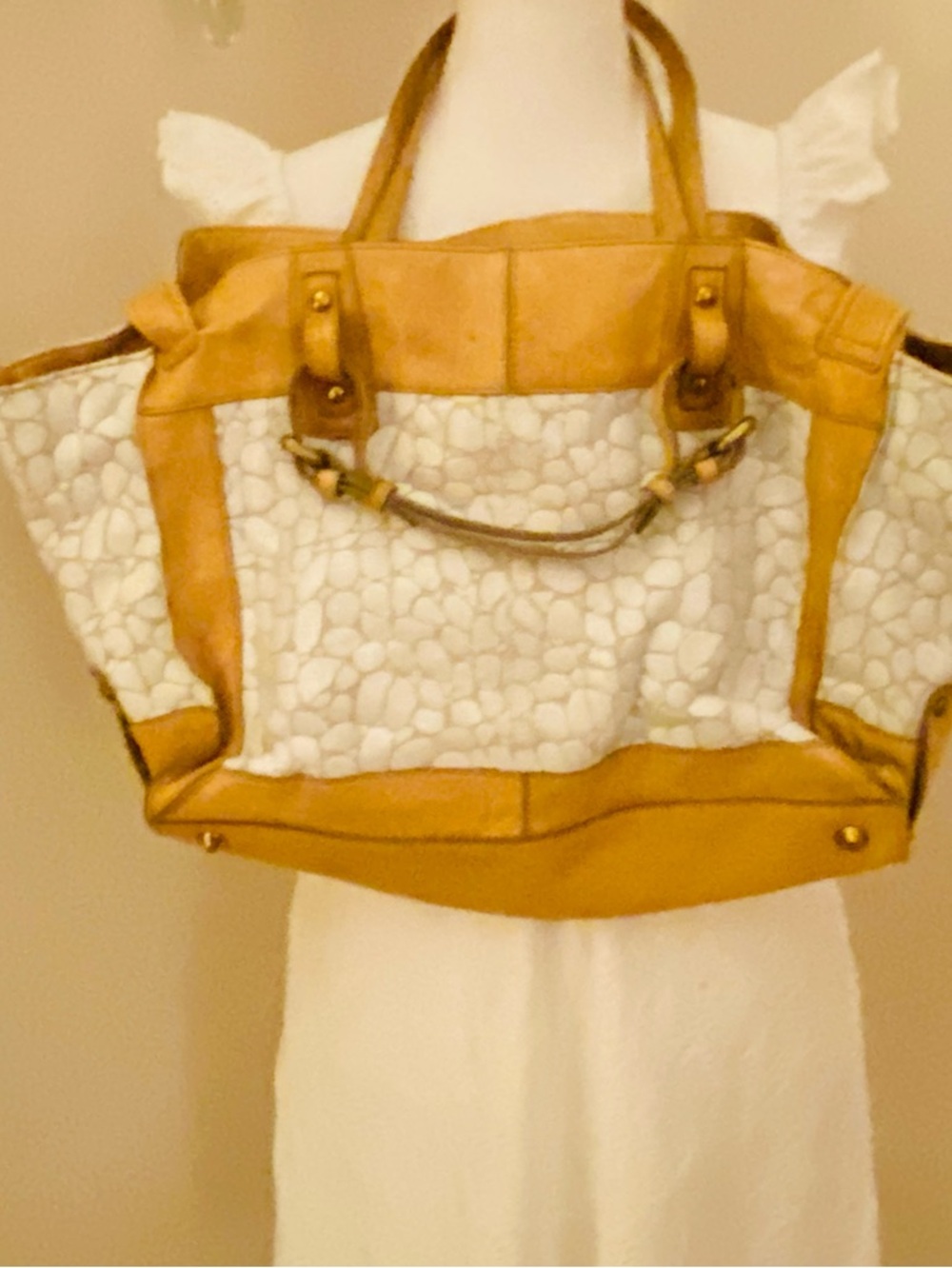 Kooba Neutral Pebble-Print Leather Satchel  with Tan Trim🌺